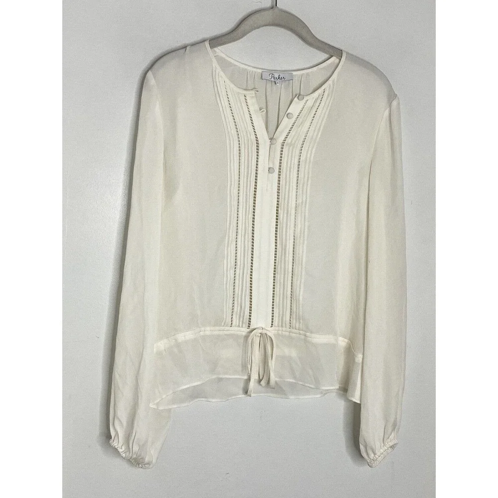 Parker Women Ivory Long Sleeve 100% Silk Button Boho Blouse Top Sz Small O1 - Picture 2 of 8